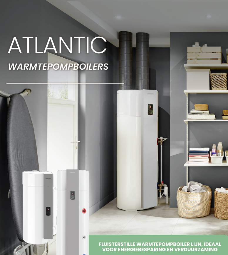Atlantic Explorer V5 warmtepompboiler – energiezuinige en stille boiler voor duurzaam warm water, geschikt voor woningen met zonnepanelen.